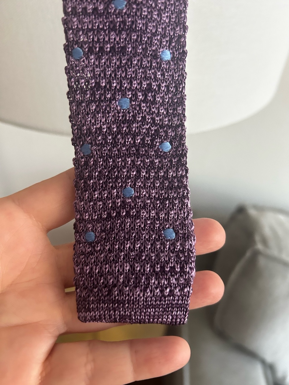 Tie Bar Knit Silk Tie Square End Purple Blue Dots Skinny Necktie